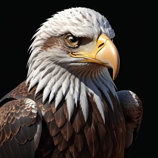 Prompt: Realistic 3D rendering of a majestic eagle, intricate feather details, intense and piercing gaze, high-fidelity, high-res, ultra-detailed, realistic, nature, wildlife, intricate feathers, powerful wings, professional lighting