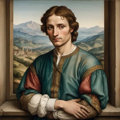 Prompt: A painted portrait of a man in the style of Italian Renaissance painter Raphael with mountains in the background. With smooth skin and old painting colors. Showing the relaxed arms position on top of a surface with a 15th-century long-sleeved shirt. old painting texture. I window around him extended. looking to the side.