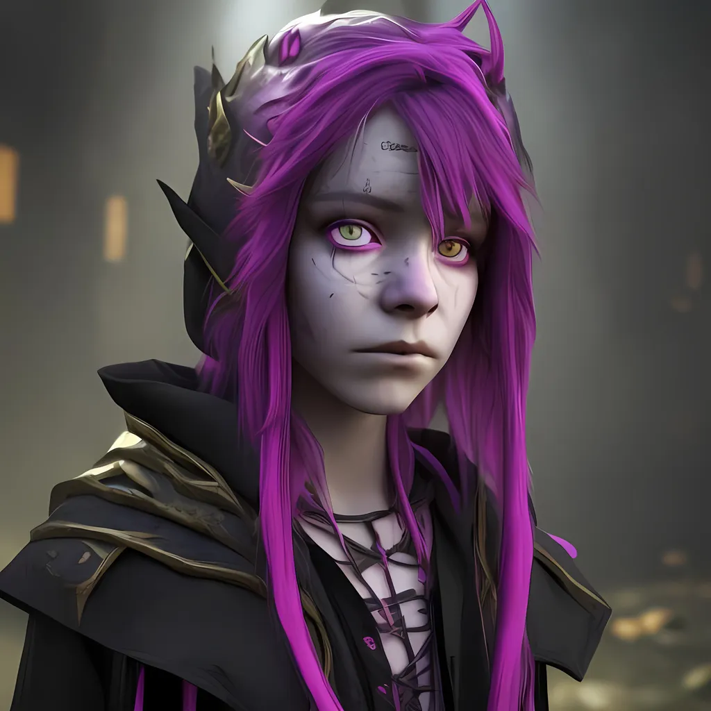 Prompt: A young female, warlock suffering from depression, with yellow eyes, pink and black hair and no make up