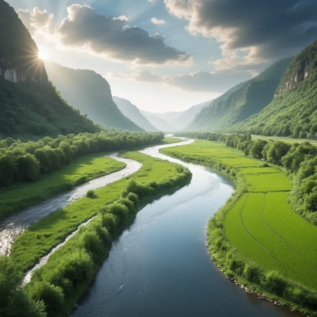 Prompt: A serene flowing river meandering through a lush valley, reflecting the sky on its surface.