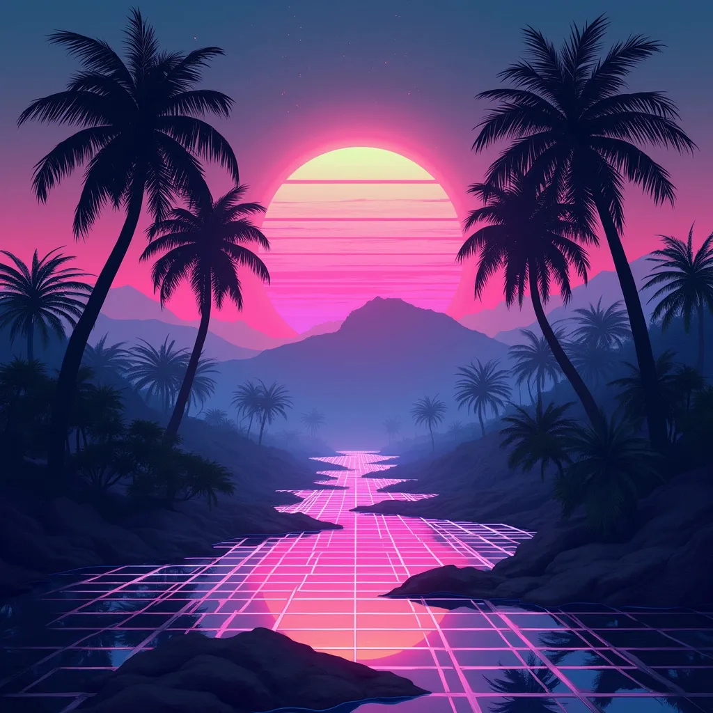 Prompt: Retro neon grid digital neon palm trees jungle mountains landscape 
