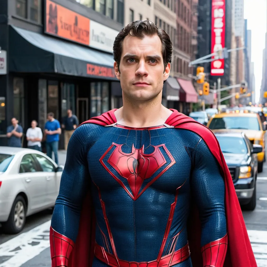 Prompt: Henry Cavill as sipderman, standing in the street in New York City. Look real