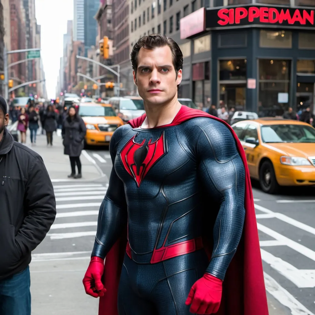 Prompt: Henry Cavill as sipderman, standing in the street in New York City. Look real