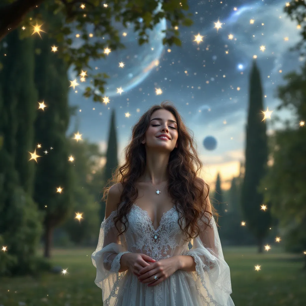 Prompt: A picture of a pretty woman in a starry park with galaxy planets