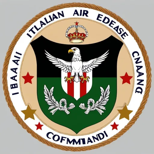 Prompt: A Logo that has a Sheild and an Italian Eagle above it and says, "ITALIAN AIR DEFENSE COMMAND". and has a black shaped Italy in the Middle.