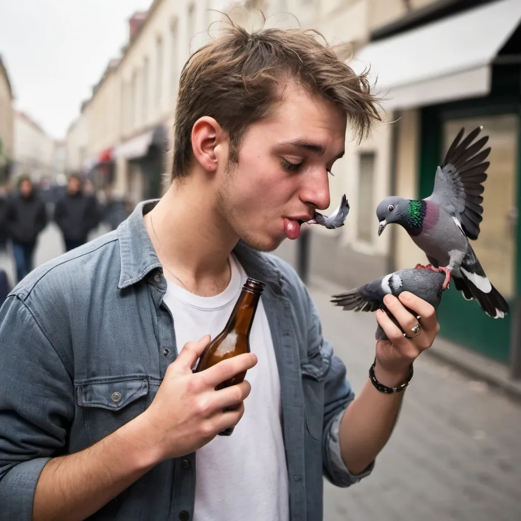 Prompt: young drunk man drinking with a pigeon in the streets