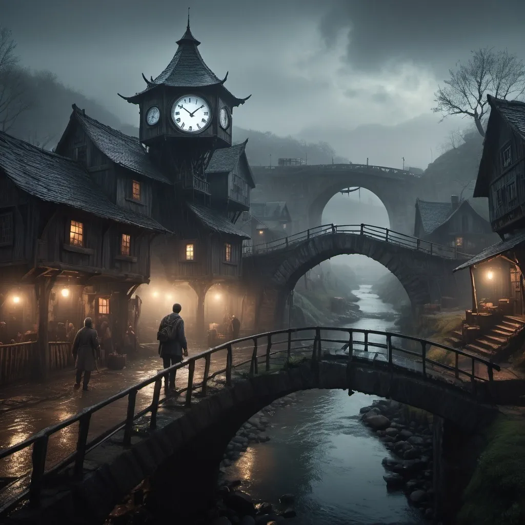 Prompt: Man holding a time Saving clock, small settlement, foggy, bridge and river, dark fantasy settlement scene, cinematic lighting, happy place, raining, many people