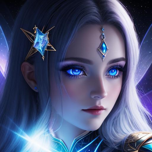 Prompt: dark prism, cosmic,etherial, fairy, goddess of light ,closeup, blue eyes