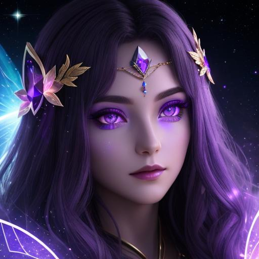 Prompt: dark prism, cosmic,etherial, fairy, goddess of light ,closeup, purple 
eyes