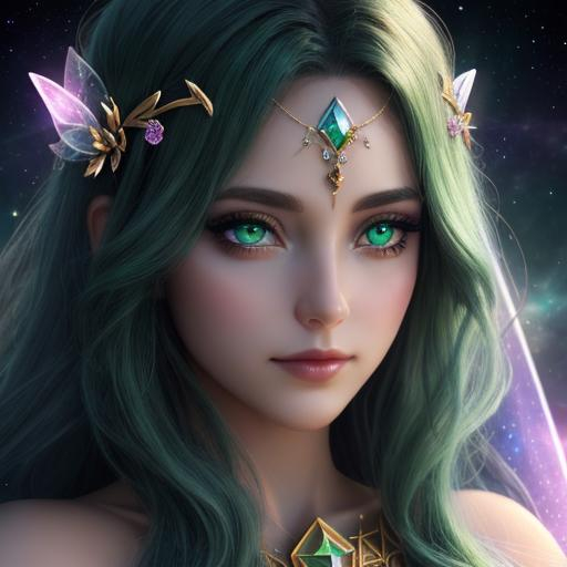 Prompt: dark prism, cosmic,etherial, fairy, goddess of light ,closeup, green eyes