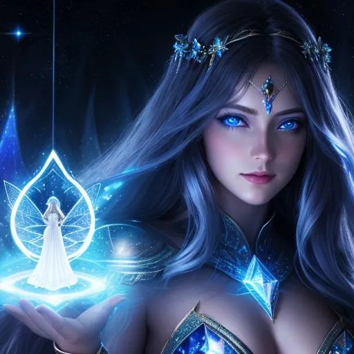 Prompt: dark prism, cosmic,etherial, fairy, goddess of light ,closeup, blue eyes, full body, realistic, 8k