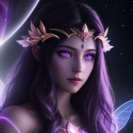 Prompt: dark prism, cosmic,etherial, fairy, goddess of light ,closeup, purple eyes, full body, realistic, 8k