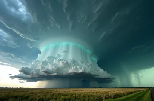 Prompt: Supercell Thunderstorm over East Texas plains, 
 towering  clouds reaching into the stratosphere