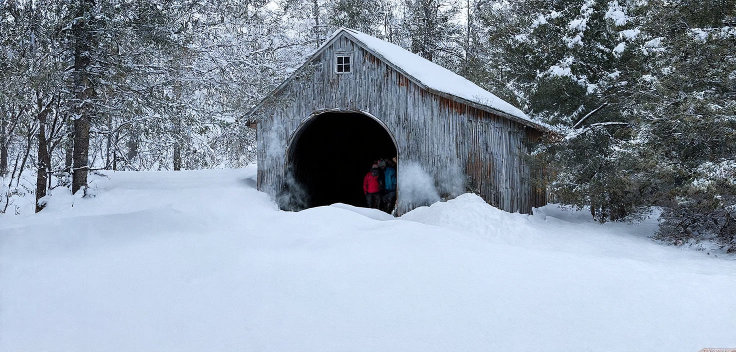 Prompt: In Alberta, Canada, winter arrives with a blanket of snow so deep, locals are compelled to dig tunnels for barn access. Amidst the  snow a farmhouse stands resilient. A tunnel, laboriously carved through towering snowdrifts, guides the way to the barn. Inside, farmers tend to the animals, their breath visible in the chilly air showing the spirit of rural Canadian life