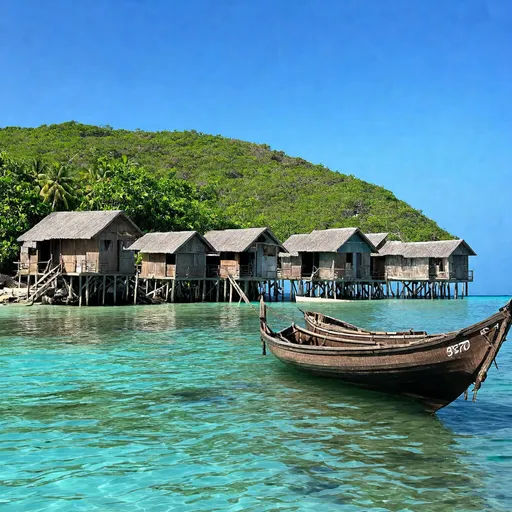 Prompt: (Mesa Island, Komodo National Park, Indonesia), breathtaking coastal landscape, (stilt houses) of the Bajau people, traditional wooden boats anchored nearby, vibrant turquoise waters, lush greenery blending with rugged terrain, warm golden sunlight illuminating the scene, rich cultural heritage, serene atmosphere evoking tranquility, high detail, ultra-HD.