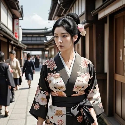 Prompt: Tall young woman walking down the high street, detailed clothing, realistic, natural lighting, photorealistic, Japanese flower design on her kimono. Black hair in traditional Japanese style. 