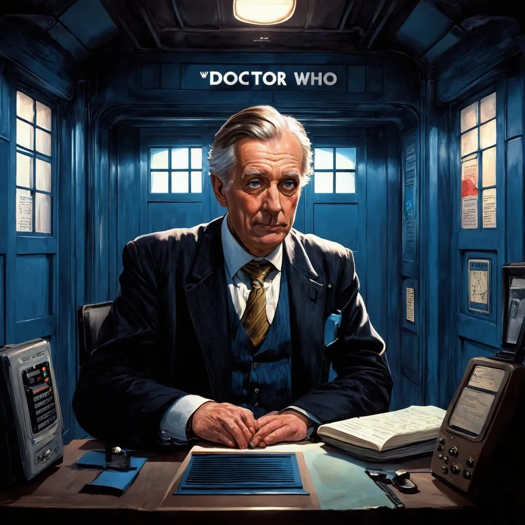 Prompt: First Doctor WHO in TARDIS control room, vintage sci-fi illustration, retro color tones, detailed interior, atmospheric lighting, antique technology, distinguished facial features, iconic time machine, best quality, highres, vintage, retro, sci-fi, detailed interior, distinguished facial features, atmospheric lighting