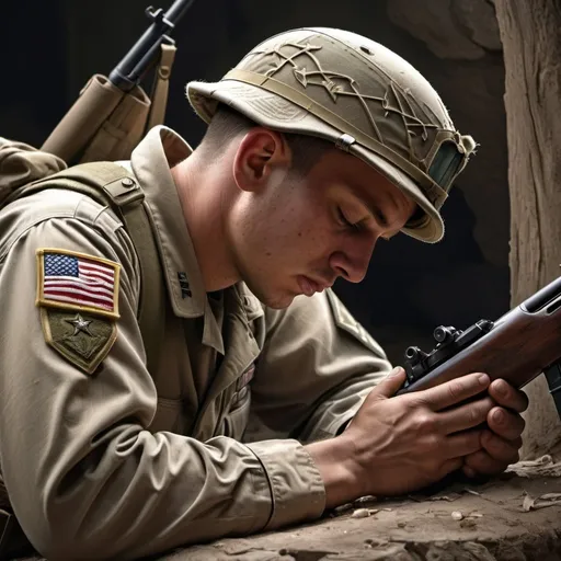 Prompt: American soldier in prayer, fallen comrade's rifle, somber, restful, full color, photorealistic quality, military uniform, detailed facial expression, intricate rifle details, emotional intensity, serene atmosphere, realistic lighting, highres, detailed shading