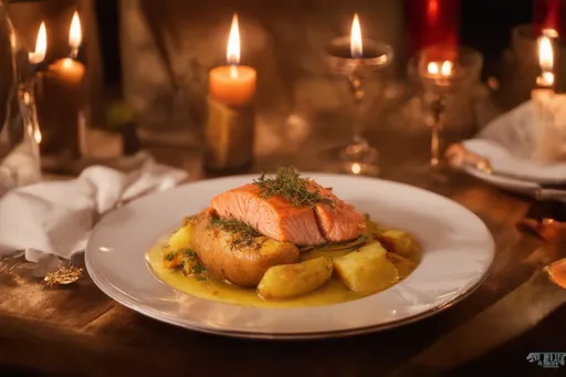 Prompt: salmon and baked potato dinner, beautifully plated, vibrant colors, warm ambiance, cozy dining setting, candlelit, elegantly arranged tableware, high-quality presentation, 4K ultra-detailed, appetite-stimulating, inviting atmosphere, rustic wooden table background, soft lighting, emotionally comforting feel, gourmet experience, expertly garnished with herbs and spices, perfect for a family gathering or romantic evening.