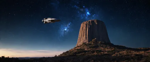 Prompt:  A mesmerizing scene unfolds as a futuristic alien spaceship, gleaming with iridescent lights, descends upon the mystical Devils Tower in Wyoming. The towering rock formation, a natural wonder, stands in stark contrast to the sleek extraterrestrial vessel, creating a unique blend of the ancient and the advanced. This otherworldly encounter is set against the backdrop of a starlit sky, filled with a twinkling tapestry of stars and galaxies, far beyond our own.                       