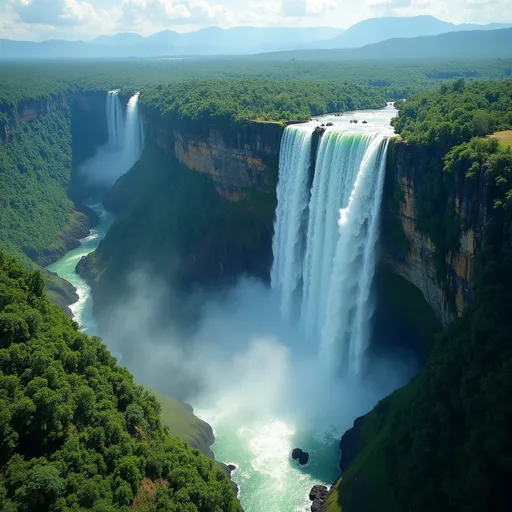 Prompt: (Angel Falls) breathtaking natural wonder, towering height (3,212 feet), Venezuela landscape, lush green rainforest, vibrant colors, rushing water cascading down rocky cliffs, dramatic sunlight illuminating the falls, high-definition quality, serene atmosphere, surrounded by mist, an emblem of natural beauty and awe.