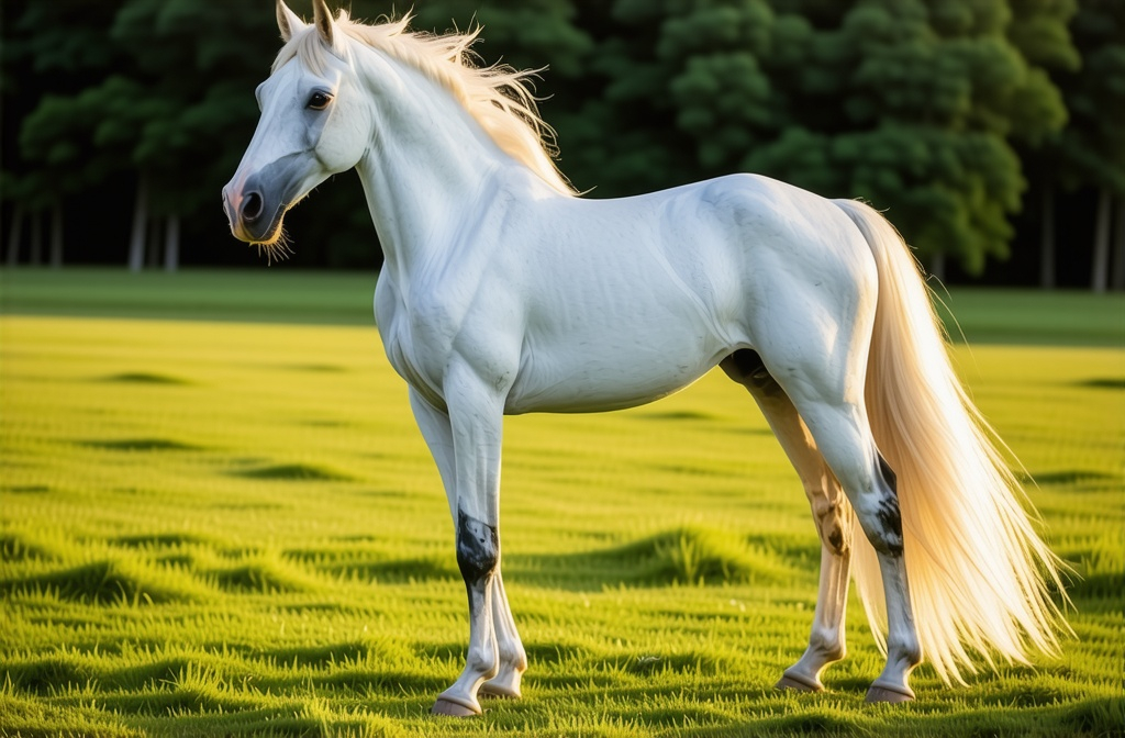 Prompt: (magnificent Arabian stallion), standing majestically at 15 hands high, (proud and powerful pose), flowing mane and tail, strong muscular form, lush green pasture background, soft golden sunlight illuminating the horse, (HD) quality, graceful atmosphere, evoking a sense of beauty and nobility.