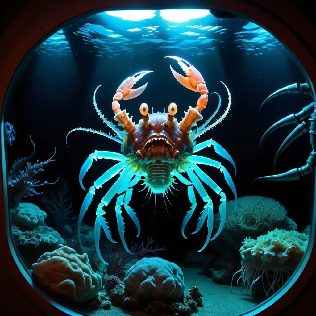 Prompt: Abyssal ocean habitat with giant crabs, angler fish, bioluminescent shrimp, observation window of a bathyscaphe, deep sea creatures, underwater scene, detailed sea life, bioluminescent, oceanic depths, high quality, detailed rendering, realistic, dark and eerie, abyssal, deep-sea, aquatic, underwater, giant crabs walking, angler fish, glowing bioluminescent shrimp, observation window, eerie lighting