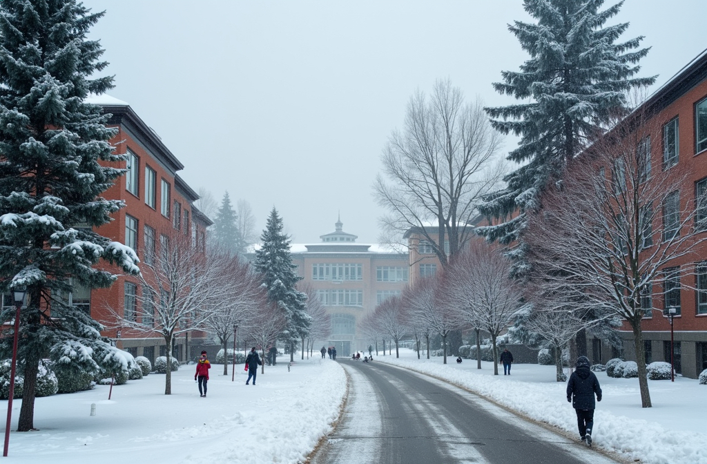 Prompt: (Central Washington University campus during a winter storm), (freezing temperatures), (high winds), weather advisories, students bundled in warm winter clothing, frost on buildings, bare trees swaying in the wind, cloudy sky, muted colors, chilly ambiance, a sense of precaution and safety, winter scenery, photographic realism, (high detail), ultra-detailed 4K resolution.