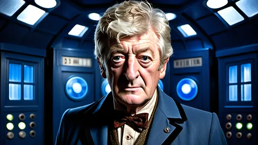 Prompt: (High-quality portrait of Jon Pertwee as the Third Doctor), standing confidently in the iconic TARDIS control room, vibrant blue tones, intricate details of retro sci-fi technology, atmospheric lighting casting soft shadows, a sense of adventure in the air, dramatic composition highlighting his distinctive outfit, (feeling of nostalgia) capturing the essence of classic Doctor Who.