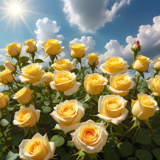 Prompt: A field of (vibrant yellow roses), blooming beautifully under a bright sunlit sky, with soft, fluffy clouds enhancing the serene atmosphere, lush green foliage surrounding the flowers, creating a lush backdrop. A gentle breeze causes the roses to sway slightly, casting dappled sunlight, evoking a cheerful and uplifting mood, ultra-detailed, HD quality.