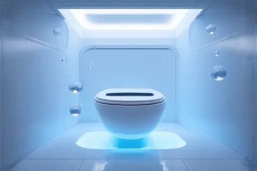 Prompt: A futuristic interstellar bathroom! A weightless white room, illuminated by soft blue gravity-free lights. A unique zero-gravity potty floats in the center, looking like an astronaut's dream toilet - sleek, round, and equipped with special suction to keep users securely in place. Delicate water droplets form tiny floating orbs around it, adding a touch of serenity to this unusual space.