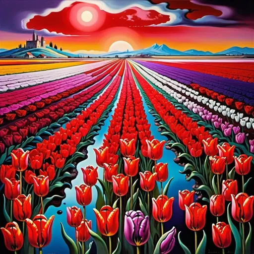 Prompt: Salvador Dali-style surrealistic painting of vibrant tulip fields, rich hues of red and purple, dreamlike atmosphere, melting and distorted elements, high-quality, surrealism, vibrant colors, distorted perspective, dreamy lighting, detailed flowers, artistic, vivid tones