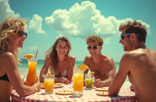 Prompt: vintage style, vibrant color scheme, spring break scene, college students having a picnic, bright beach setting, ladies in bikinis showing tan lines, men with tropical fruit punch, warm sunshine bathing the scene, vivid blue sky, fluffy scattered clouds, joyful and carefree ambiance, ultra-detailed, high-quality image, capturing the essence of youth and relaxation.