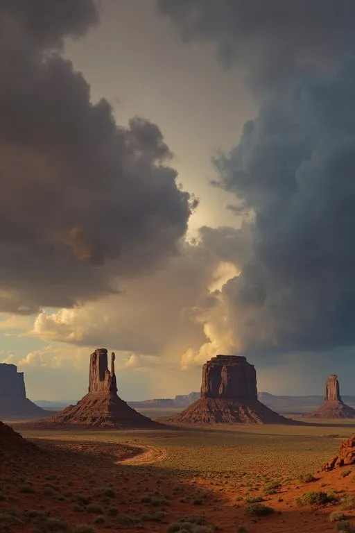 Prompt: Monument Valley Navajo Tribal Park situated on the Arizona-Utah border in the southwestern United States, is a breathtaking landscape renowned for its iconic sandstone formations. Managed by the Navajo Nation, this park holds profound cultural and spiritual significance for the Navajo people, known as the Diné. The towering buttes, mesas, and spires that dominate the horizon are not only natural wonders but also integral to Navajo mythology and traditional ceremonies.Visitors to Monument Valley can explore the park via a 17-mile scenic drive loop, offering unparalleled views of formations like the Mittens and Merrick Butte, which have become symbols of the American West. Navajo-guided tours provide deeper insights into the park's history, culture, and sacred sites, including ancient petroglyphs and traditional Navajo dwellings known as hogans.The park's visitor center serves as a gateway for information, permits, and tour arrangements, emphasizing sustainable tourism practices that respect the environment and preserve Navajo heritage. Monument Valley Navajo Tribal Park stands as a testament to the enduring connection between the land and its indigenous stewards, inviting visitors to appreciate its natural beauty and cultural richness.