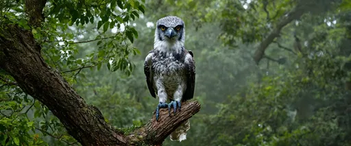 Prompt: (Harpy Eagle) in the rainforest of Middle and South America, perched majestically on a tree branch, vibrant foliage, dense jungle background, detailed feathers, powerful talons, intense and piercing gaze, dramatic lighting, high contrast, Misty ambiance, early morning sunlight filtering through trees, flourishing green tones, high depth cinematic masterpiece, photorealistic, ultra-detailed, 4K, breathtaking and immersive atmosphere.