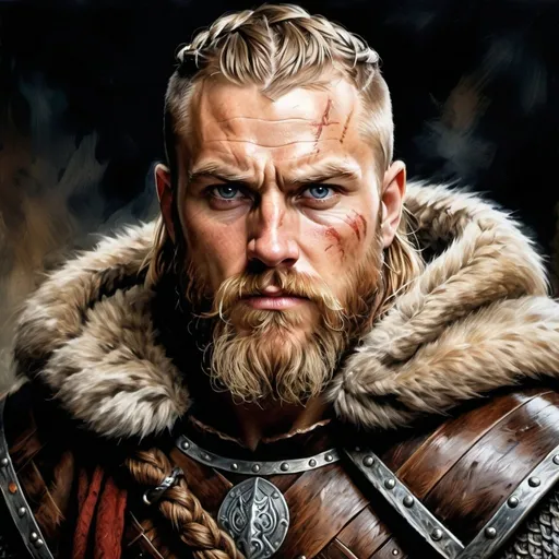 Prompt: Viking leader portrait in oil painting, rugged and weathered appearance, intense and fierce gaze, intricate braided beard, fur-lined cloak, battle-worn armor, majestic and authoritative expression, high-res, ultra-detailed, oil painting, viking mythology, viking warrior, viking fantasy, rugged beauty, atmospheric lighting