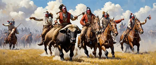 Prompt: Native American Sioux warriors on American Buffalo attacking 1880 cavalry, oil painting, realistic, dramatic lighting, earthy tones, detailed battle scene, historical, action-packed, high quality, intense, traditional attire, powerful stance, charging forward, scenic landscape, war paint, dynamic composition