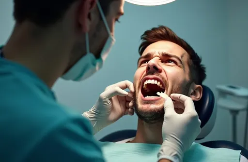 Prompt: (nervous man in dentist's chair), bright overhead light illuminating his open mouth, single tooth with old silver filling, dentist in protective mask, preparing new white filling, tense atmosphere, uneasy expression, gripping armrests tightly, (clinical setting) with antiseptic scent, stark white walls, (highly detailed, photorealistic) representation, vivid contrasts, cinematic lighting, anxiety palpable in the air, (4K texture).