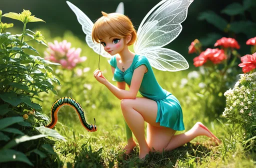 Prompt: Pixie maiden tending her garden, delicate gossamer wings folded behind her back, kneeling to observe a vibrant caterpillar spinning its cocoon.