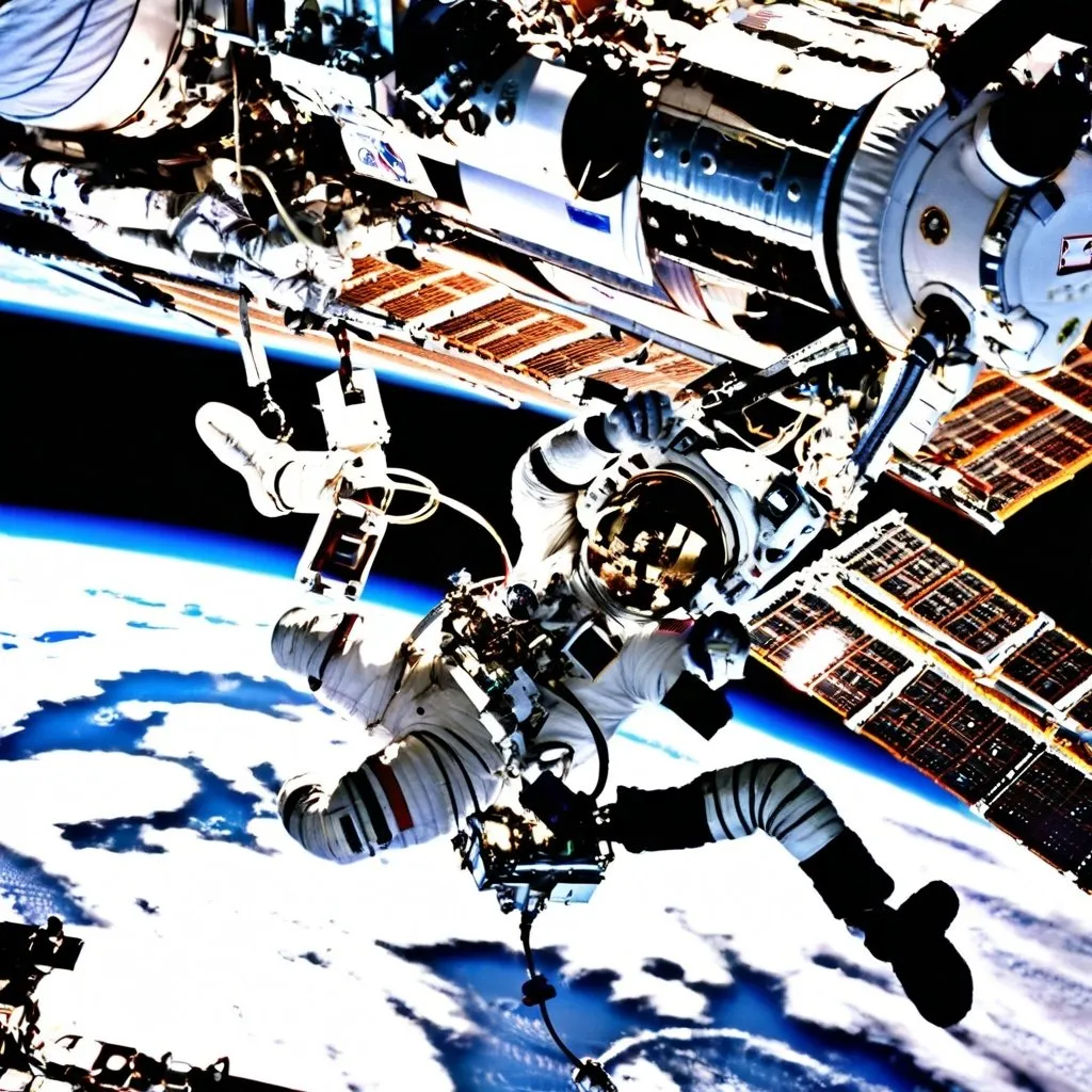 Prompt: Astronaut Jerry L. Ross, STS-110 mission specialist, anchored to the mobile foot restraint at the end of the International Space Station’s (ISS) Canadarm2, works in tandem with astronaut Lee M. E. Morin (out of frame), mission specialist, during the fourth and final scheduled session of extravehicular activity (EVA) for the STS-110 mission.
NASA