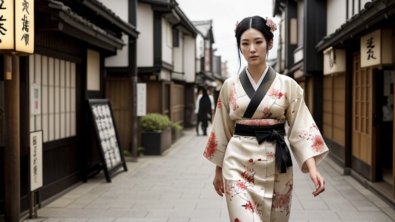 Prompt: Tall young woman walking down the high street, detailed clothing, realistic, natural lighting, photorealistic, Japanese flower design on her kimono. Black hair in traditional Japanese style. 