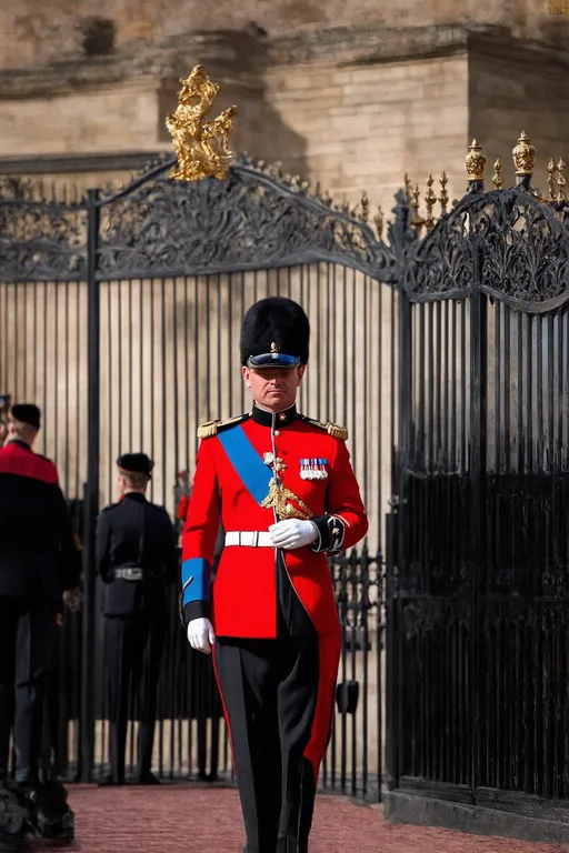 Prompt: The King's Guard at Buckingham Palace, standing at attention, majestic and dignified, (elaborate uniform), sharp details, vivid red and gold colors, (architectural background), intricate gates of the King's court, strong fortress vibe, (historical atmosphere), grand display of British heritage, (4K ultra-detailed image), dramatic shadows, radiant sunlight illuminating the scene, capturing the essence of royal tradition and duty.