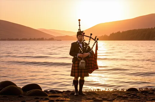 Prompt: Scotsman standing on the picturesque shore, playing a bagpipe in warm, gently glowing sunset hues, golden light reflecting on the tranquil loch, serene atmosphere, beautiful backdrop of rolling hills, soft waves lapping at the shore