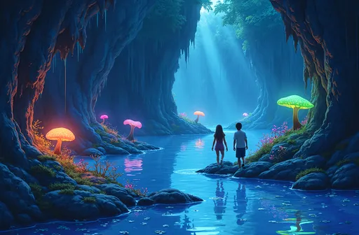 Prompt: Illustrate a mesmerizing scene of characters traversing a bioluminescent cave system, where vibrant, glowing fungi cast an ethereal light in various hues of blue and green, illuminating the jagged stone walls around them. The air is thick with a mysterious humidity, and the soft sound of dripping water echoes in the distance. Reflecting pools shimmer like liquid mirrors, accentuating the surreal atmosphere as the characters move cautiously, their expressions a blend of wonder and trepidation. Each step they take stirs tiny particles of luminescence into the air, creating trails of light that dance around them. A pale bioluminescent glow bathes the entire scene in a captivating, otherworldly ambiance, reminiscent of a dreamy watercolor illustration, inviting viewers into this enchanting subterranean world.
