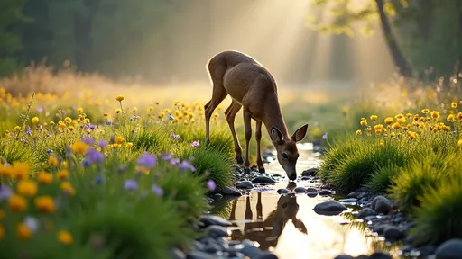 Prompt: A serene spring morning unfolds in a vibrant meadow nestled within the majestic Cascade mountains. The landscape is alive with the fresh green of newly sprouted grass, sprinkled with colorful wildflowers blossoming in hues of yellow, purple, and blue, dotting the expanse like nature's confetti. Sunlight breaks through the gentle mist, casting a warm golden glow across the scene, illuminating the dewdrops clinging to delicate petals. In the foreground, a graceful doe leans down to drink from a crystal-clear brook that meanders playfully toward a tranquil pond, her soft eyes reflecting curiosity and calm. The sound of water bubbling over stones and the distant chirping of birds create a peaceful symphony of a thriving spring morning, captured in stunning photorealism.