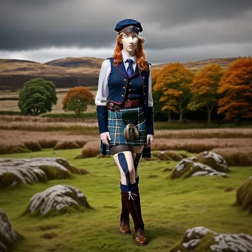 Prompt: Scottish lassie wearing formal Scottish Kilt. Ginger hair, freckles, blue eyes, White silk blouse, Scottish Tartan knee high stockings, 
brown leather boots, Scottish cap on her head. 
Full height head to toe, Centered ,extremely detailed CG unity 8k wallpaper,full body,From front,Full body,Wide shot 