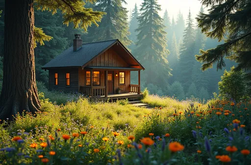 Prompt: (cozy cabin), nestled in a lush evergreen forest, vibrant wildflowers blooming, sunlight filtering through the dense canopy, warm and inviting atmosphere, dappled sunlight creating playful shadows, soft earthy tones contrasting with bright colors of blossoms, tranquility and serenity of the Pacific Northwest, deeply detailed scene, enchanting greenery, ultra-detailed image, captivating visual experience.