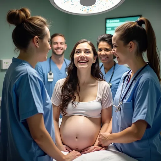 Prompt: In the bustling maternity hospital, a joyous scene unfolds: a new mother, radiant and expectant, prepares for her first baby's arrival. Surrounded by attentive, uniformed medical professionals, the delivery room buzzes with anticipation. The doctor, poised and focused, leads the team in this miraculous event, as the nurses lend their skilled support. Love and excitement fill the air, capturing the transformative moment when a family expands and a new life begins.