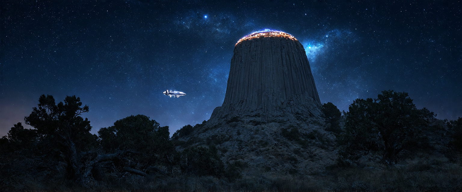 Prompt:  A mesmerizing scene unfolds as a futuristic alien spaceship, gleaming with iridescent lights, descends upon the mystical Devils Tower in Wyoming. The towering rock formation, a natural wonder, stands in stark contrast to the sleek extraterrestrial vessel, creating a unique blend of the ancient and the advanced. This otherworldly encounter is set against the backdrop of a starlit sky, filled with a twinkling tapestry of stars and galaxies, far beyond our own.                       