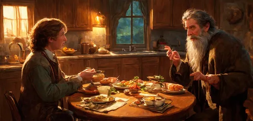 Prompt: (Bilbo Baggins' home), cozy kitchen setting, warm lighting, round wooden table, (Gandalf the Gray), (first breakfast), hearty meals, whimsical ambiance, lush knoll backdrop, rustic decor, enchanting details, comfortable atmosphere, expressive facial features, animated conversation, ultra-detailed, magical essence, adventure foreshadowing, dreamy joyfulness, storybook illustration.